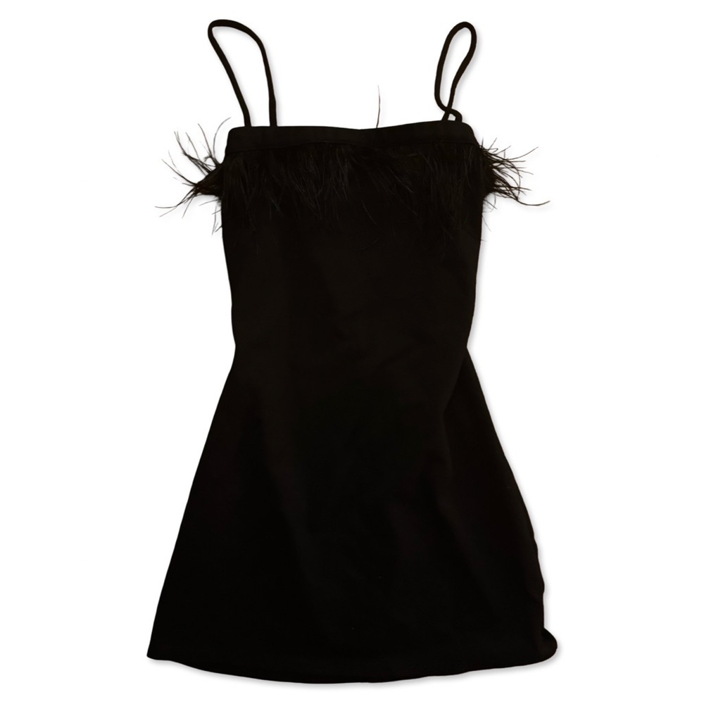 Chic black mini dress with feather trim detail | small | NWOT - Picture 2 of 3
